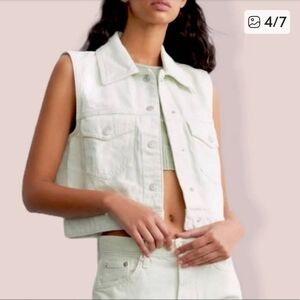 Zara Mint Green Cropped Denim Vest - Size S - Button Front & Pockets